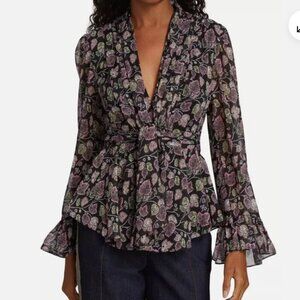 Cinq a Sept 'Marlow' Floral Flared-Sleeve Top Black pink sparkle XS v neck